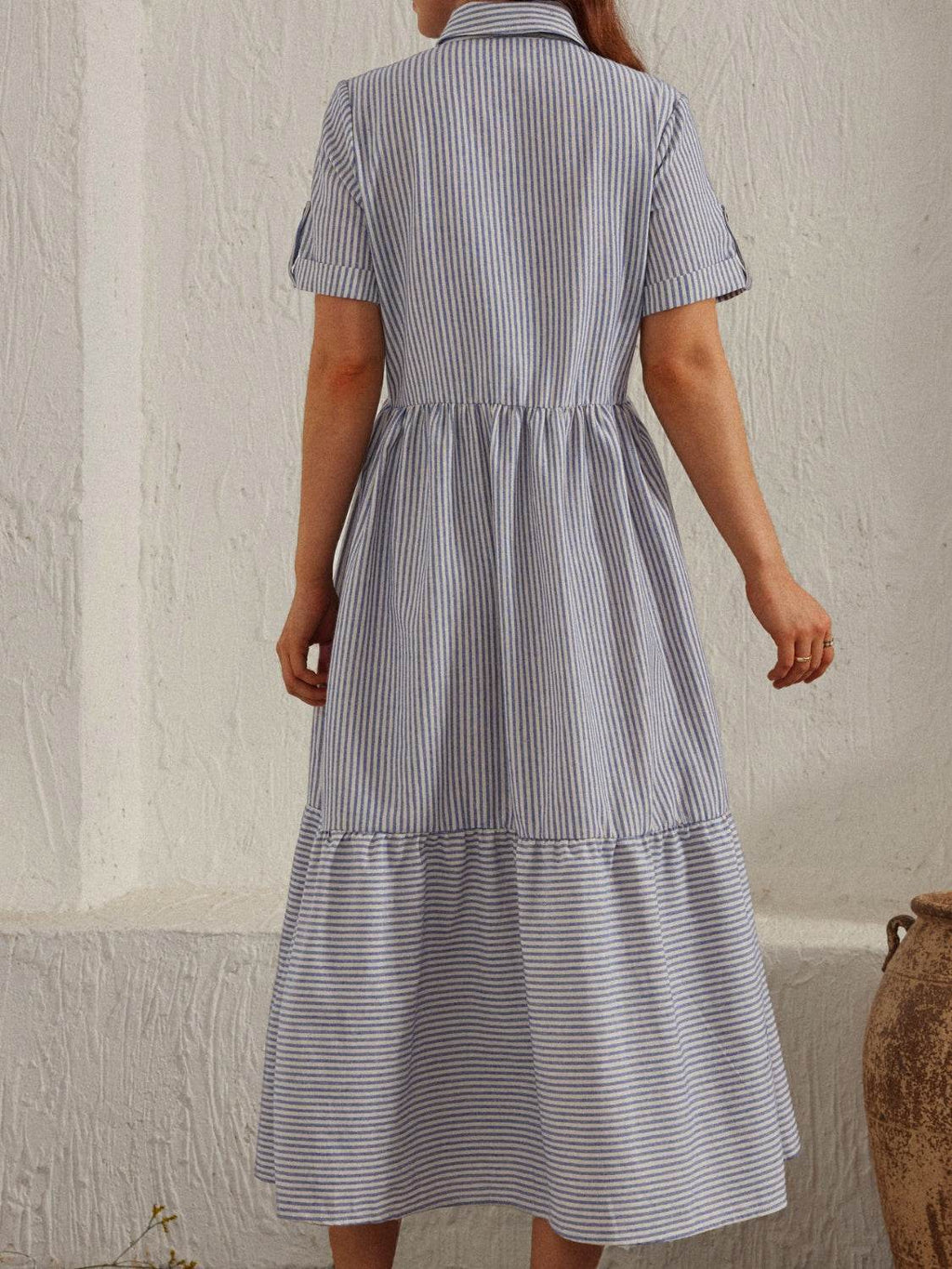 Striped Collared Neck Short Sleeve Dress - Delanoir