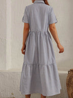 Striped Collared Neck Short Sleeve Dress - Delanoir