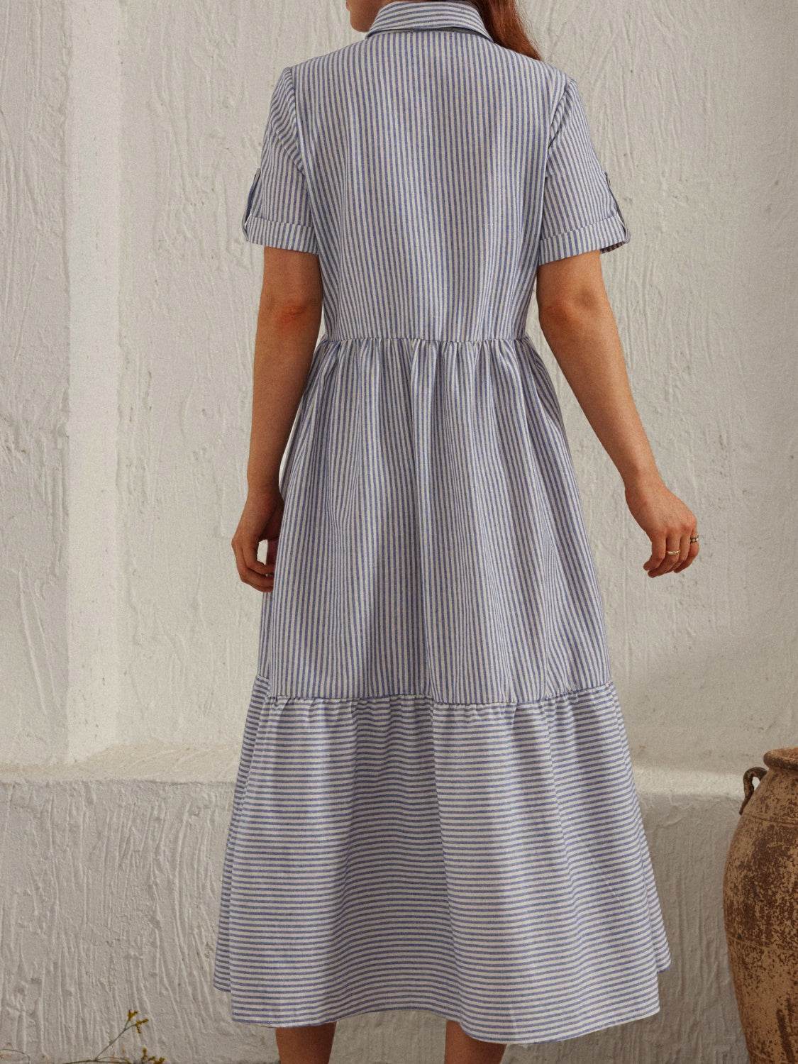 Striped Collared Neck Short Sleeve Dress - Delanoir