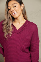 Woven Right Horizontal Ribbing Fringe Trim Hooded Sweater - Delanoir