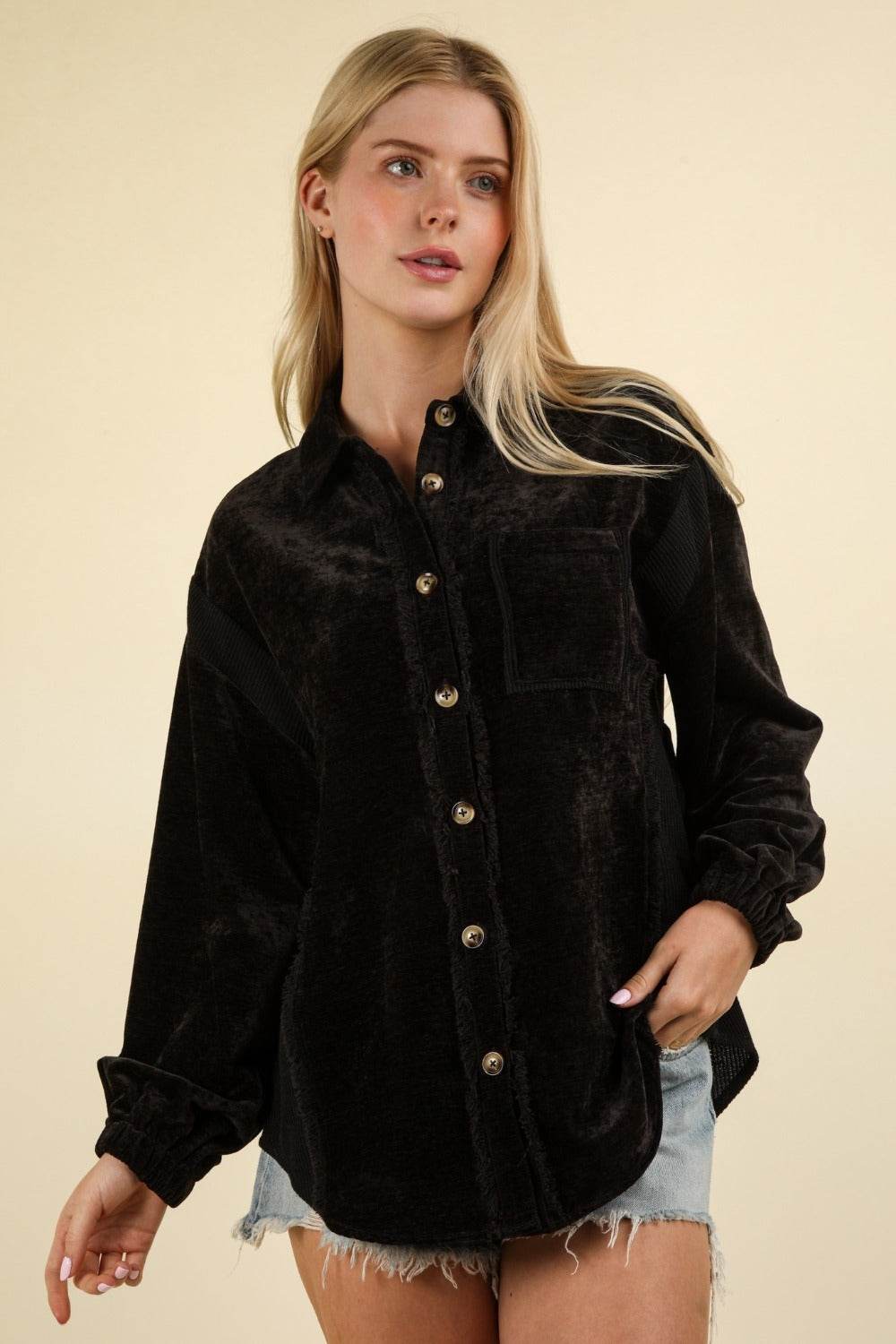 VERY J Mixed Media Button Down Raw Hem Shacket - Delanoir