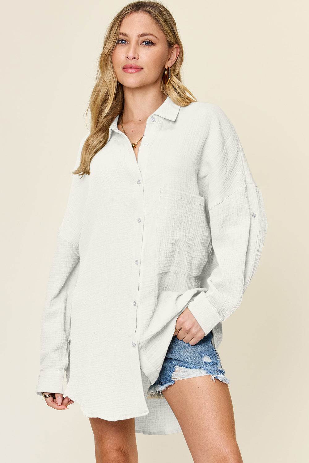 Double Take Full Size Pocketed Texture Button Up Shirt - Delanoir