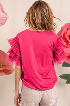 BiBi Ruffle Mesh Lace Layered Short Sleeve Top - Delanoir