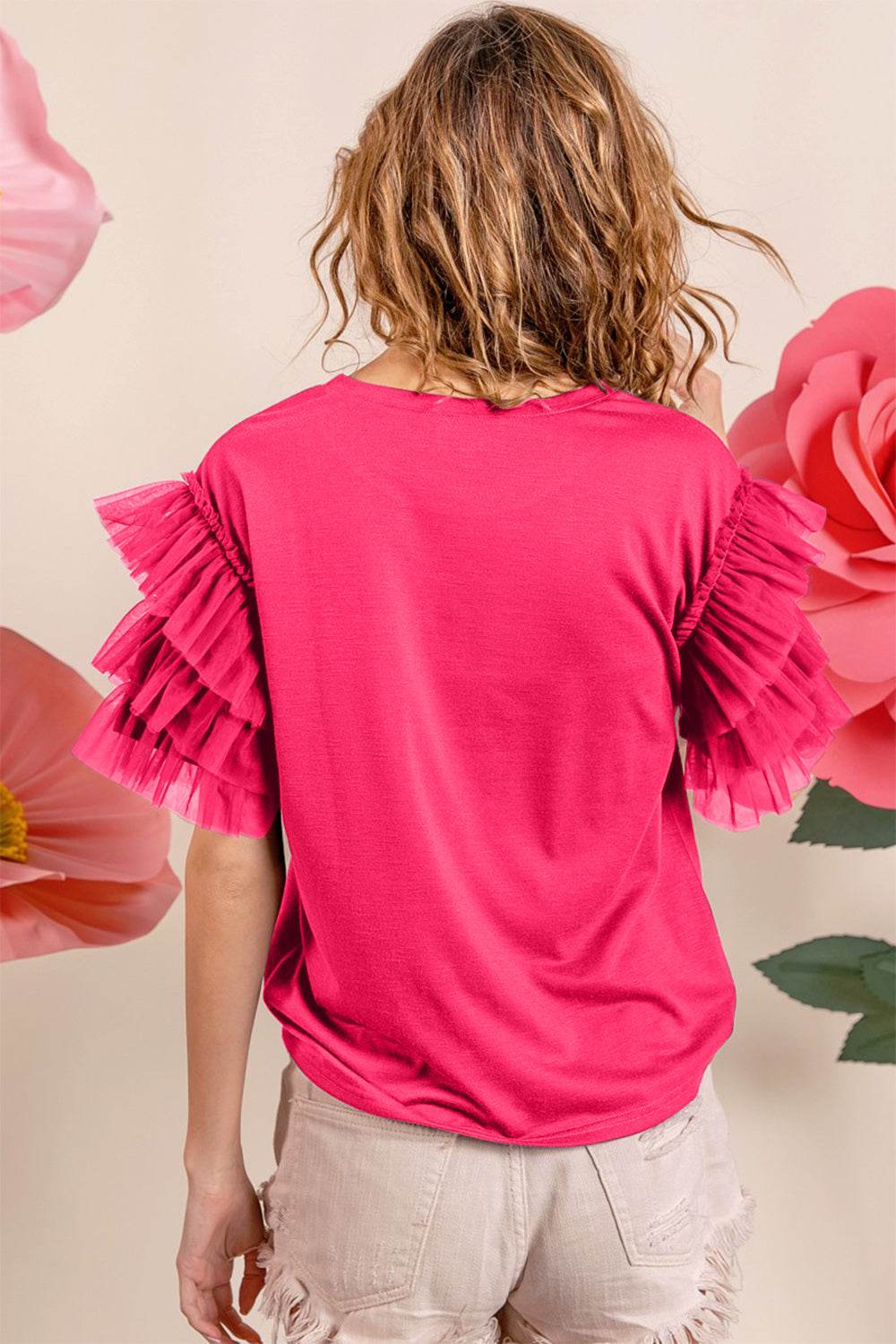 BiBi Ruffle Mesh Lace Layered Short Sleeve Top - Delanoir