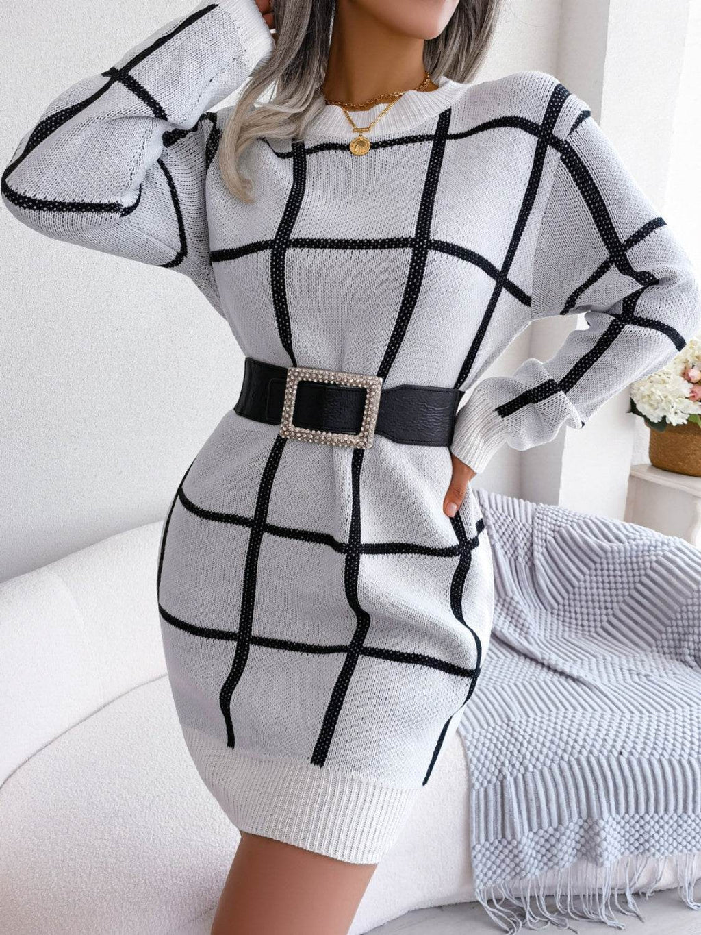 Plaid Round Neck Dropped Shoulder Sweater Dress - Delanoir