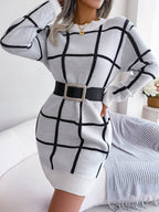 Plaid Round Neck Dropped Shoulder Sweater Dress - Delanoir