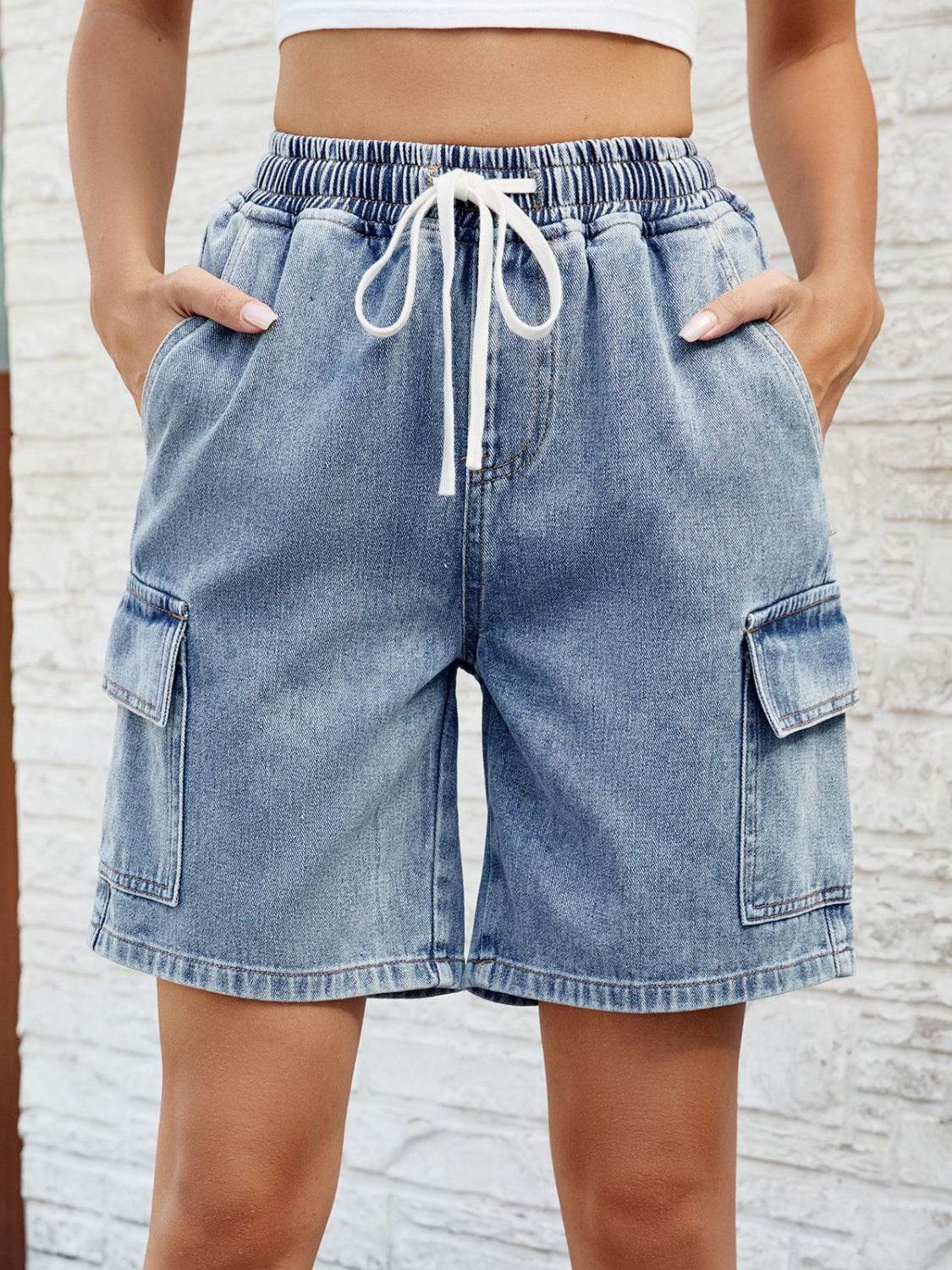Drawstring Denim Shorts with Pockets - Delanoir