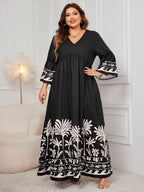 Honey Plus Size Printed V-Neck Long Sleeve Maxi Dress - Delanoir
