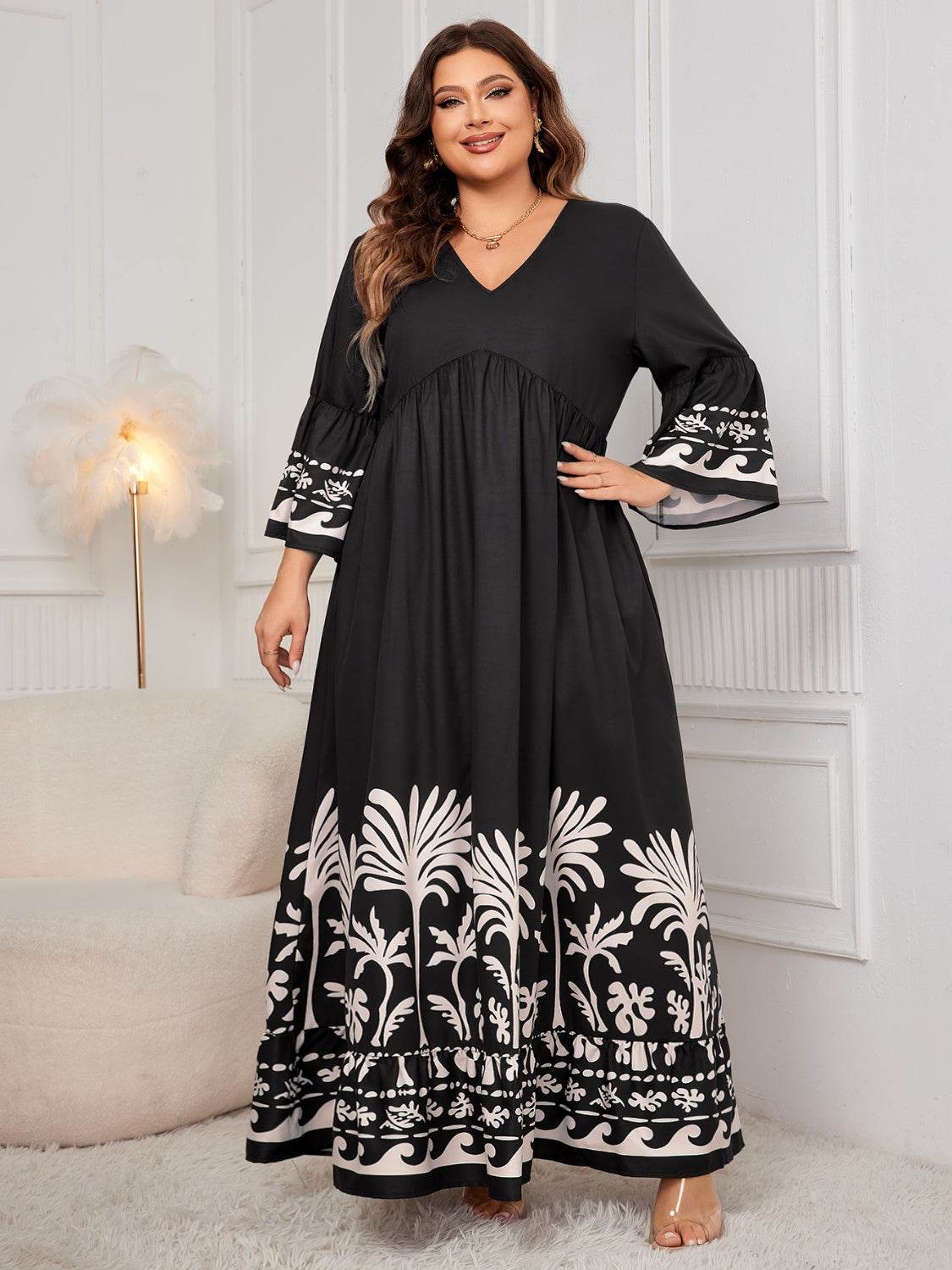 Honey Plus Size Printed V-Neck Long Sleeve Maxi Dress - Delanoir