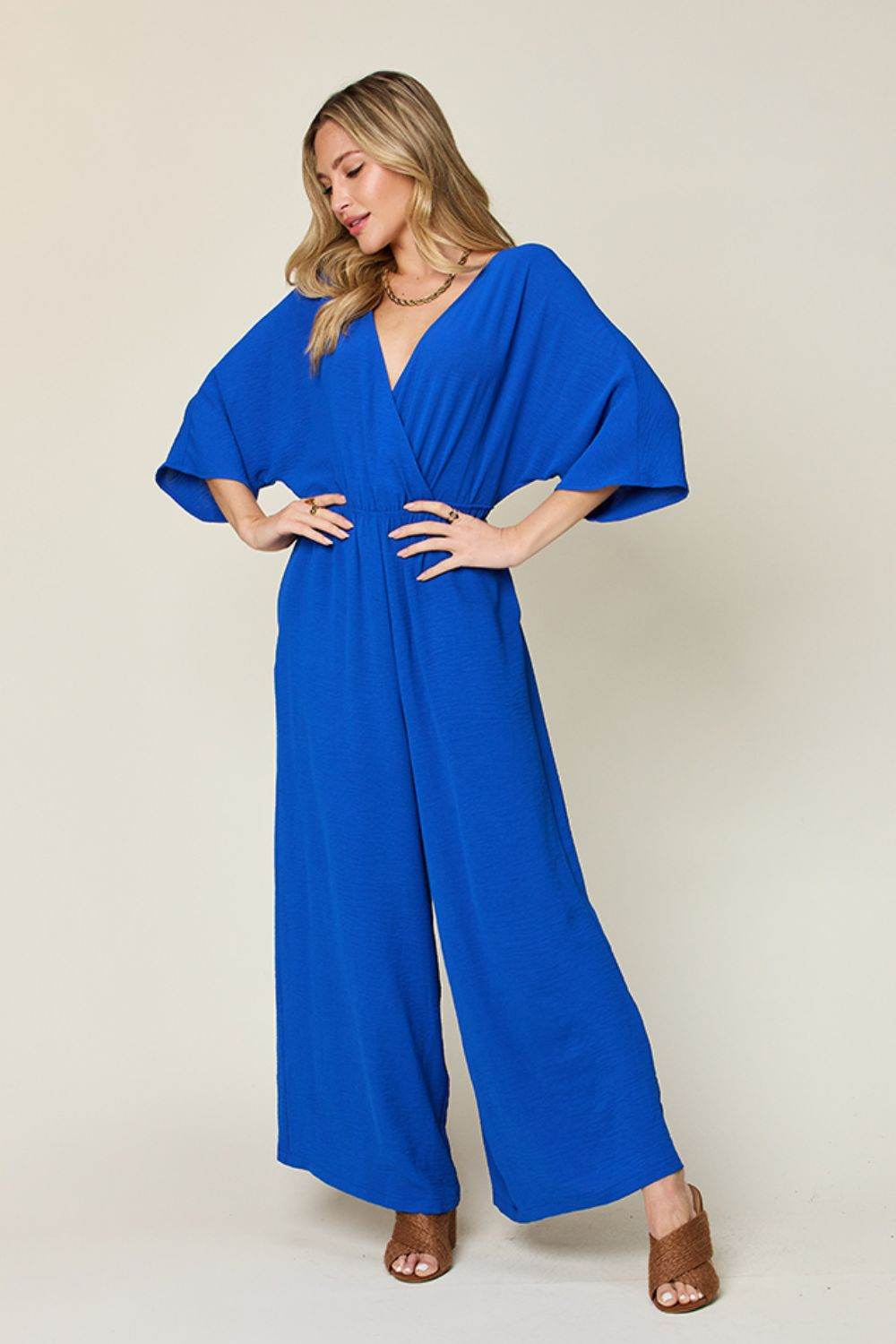 Double Take Full Size Surplice Wide Leg Jumpsuit with Pockets - Delanoir