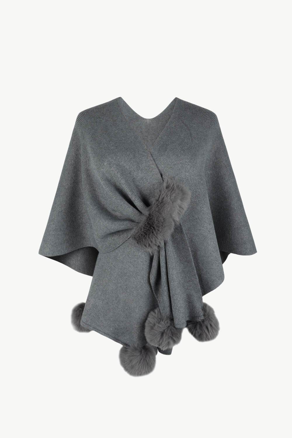 Surplice Neck Pom-Pom Trim Poncho - Delanoir