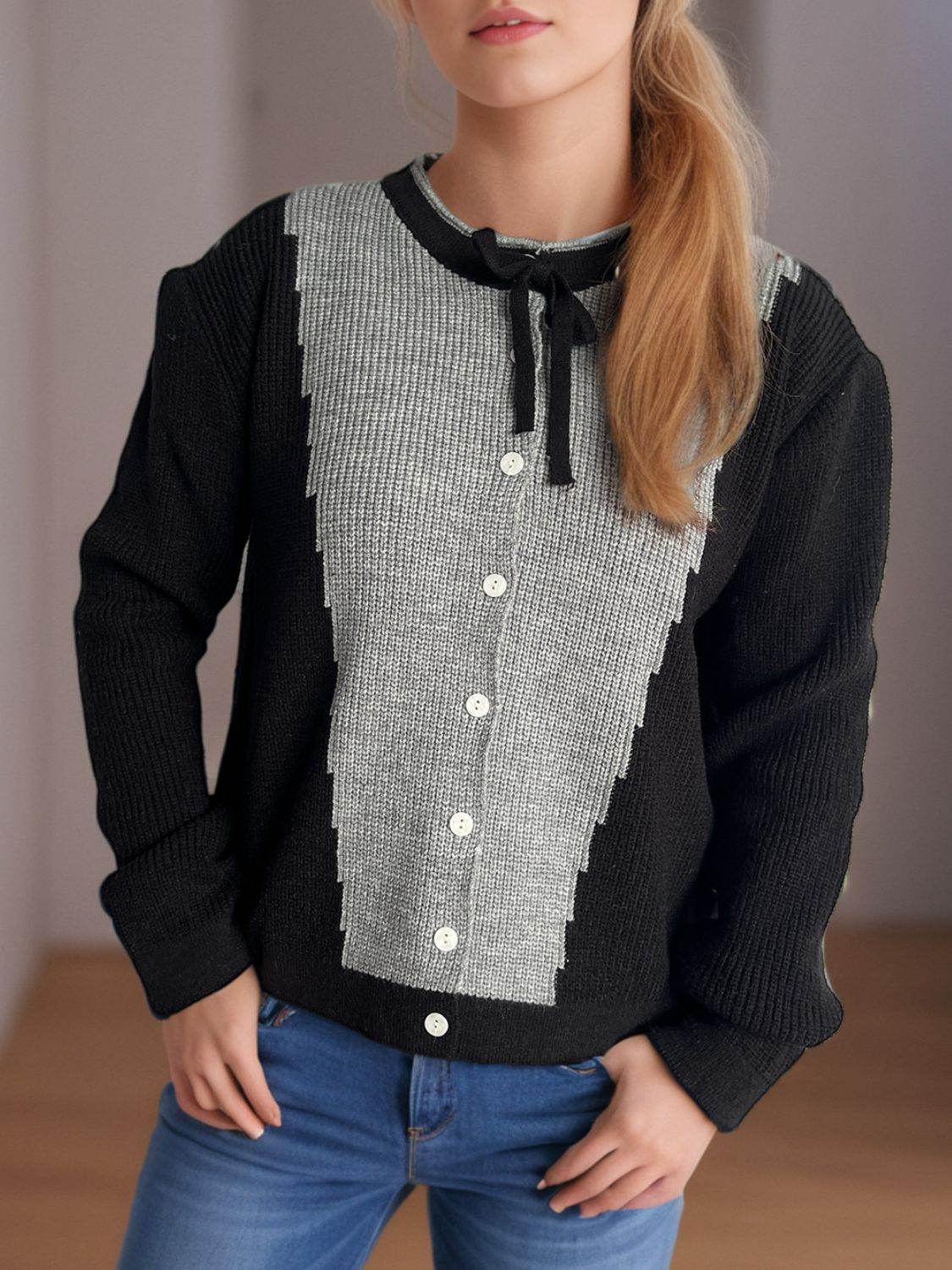 Contrast Button Down Long Sleeve Cardigan - Delanoir