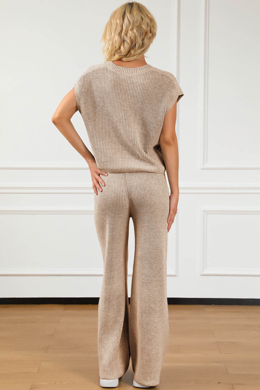 Pocketed V-Neck Top and Wide Leg Sweater Set - Delanoir