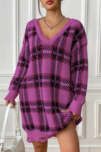 Plaid V-Neck Long Sleeve Sweater Dress - Delanoir