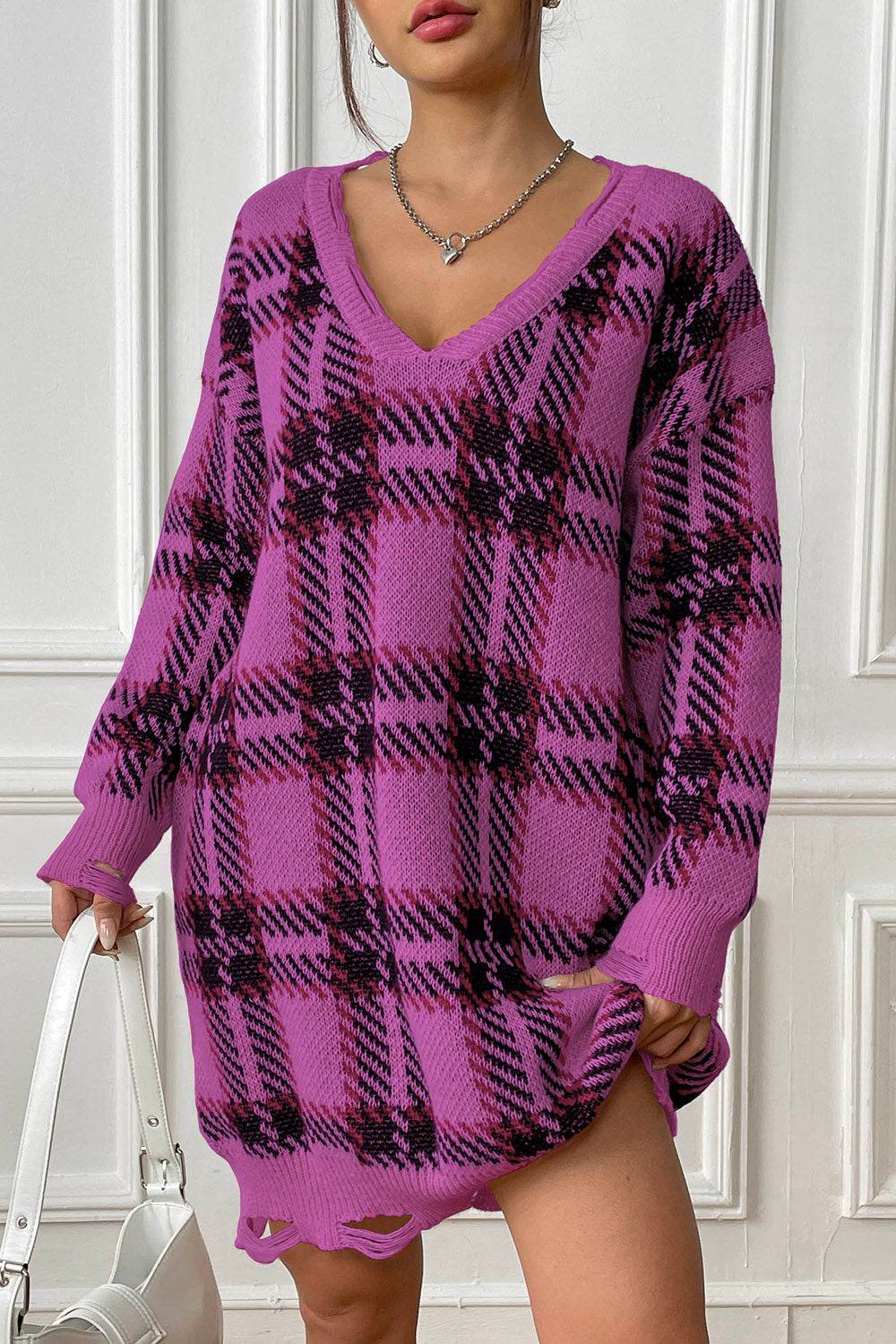 Plaid V-Neck Long Sleeve Sweater Dress - Delanoir