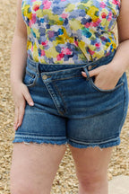 RISEN Maya Full Size Mid Rise Asymmetrical Shorts - Delanoir