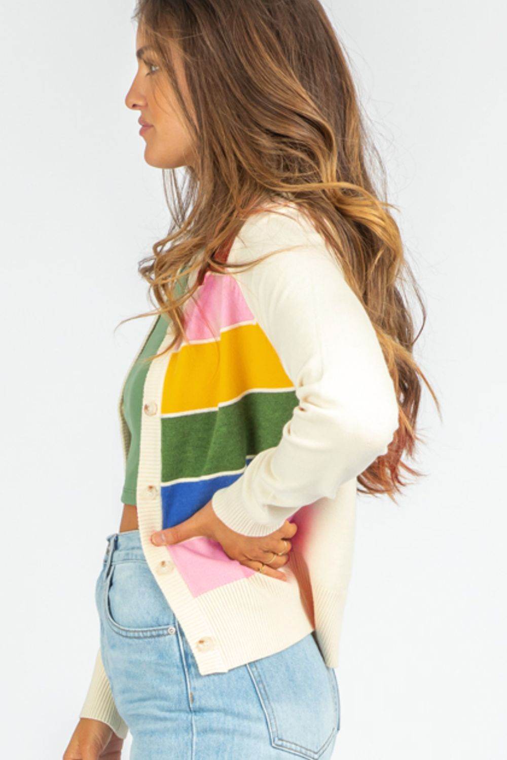 Contrast Button Down Long Sleeve Cardigan - Delanoir