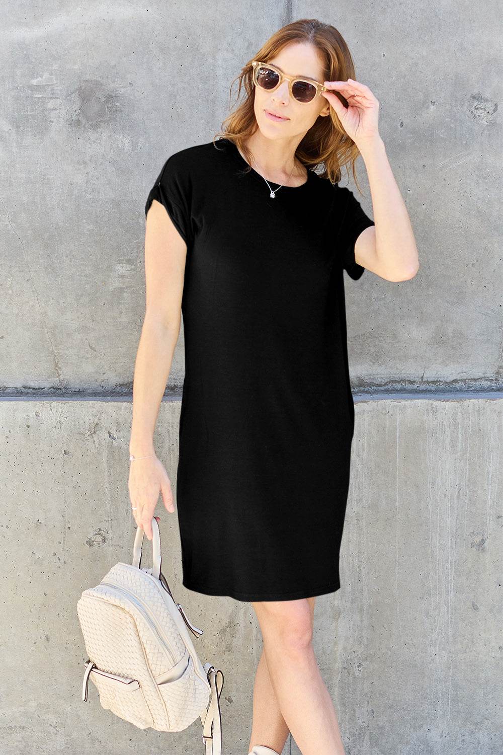 Basic Bae Bamboo Full Size Round Neck Short Sleeve Dress with Pockets - Delanoir