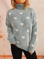Heart Heathered Turtleneck Drop Shoulder Sweater - Delanoir