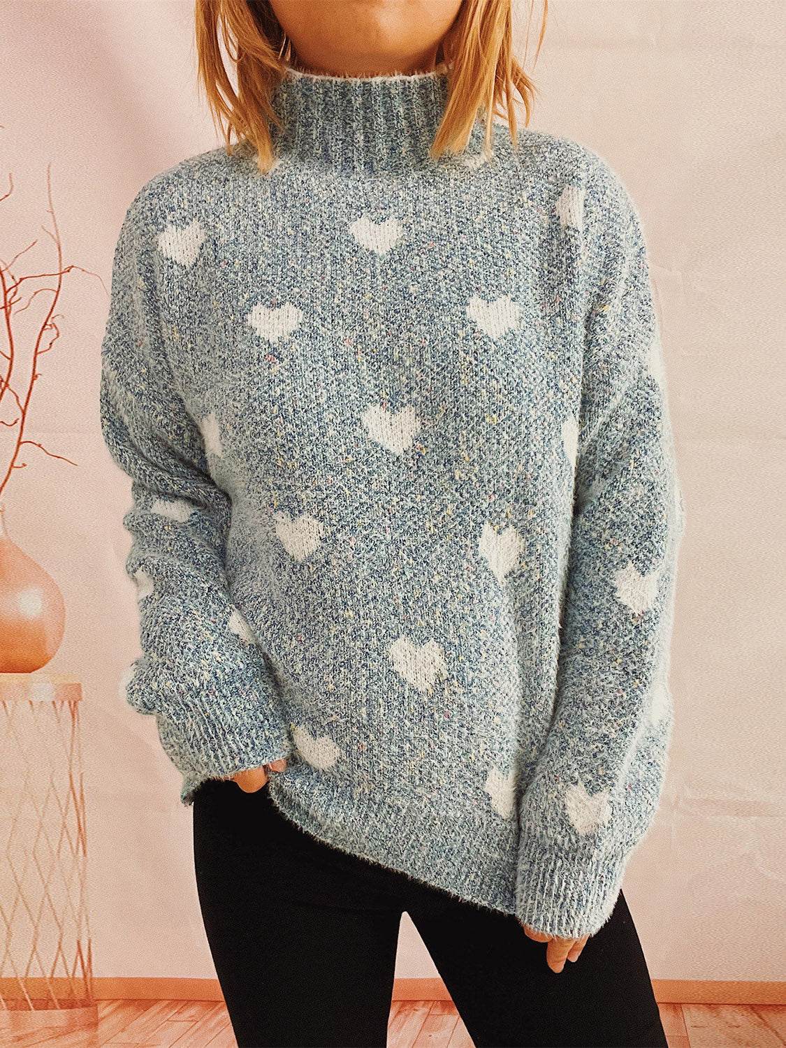 Heart Heathered Turtleneck Drop Shoulder Sweater - Delanoir