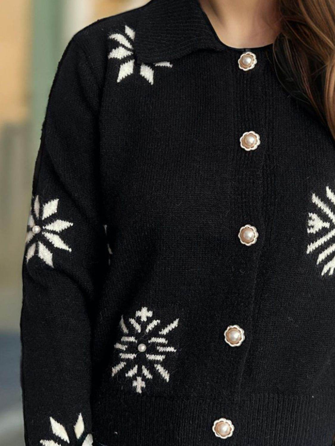 Pearl Trim Collared Neck Long Sleeve Cardigan - Delanoir