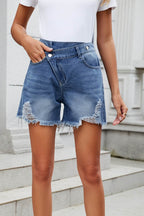 Distressed Raw Hem Asymmetric Waist Denim Shorts - Delanoir