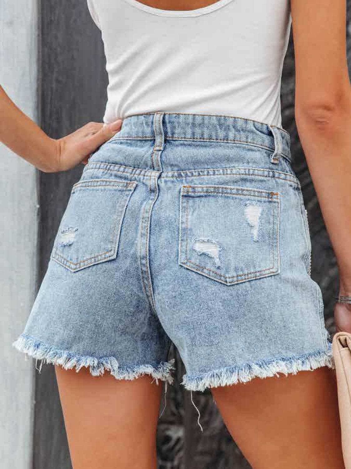 Distressed Fringe Denim Shorts with Pockets - Delanoir