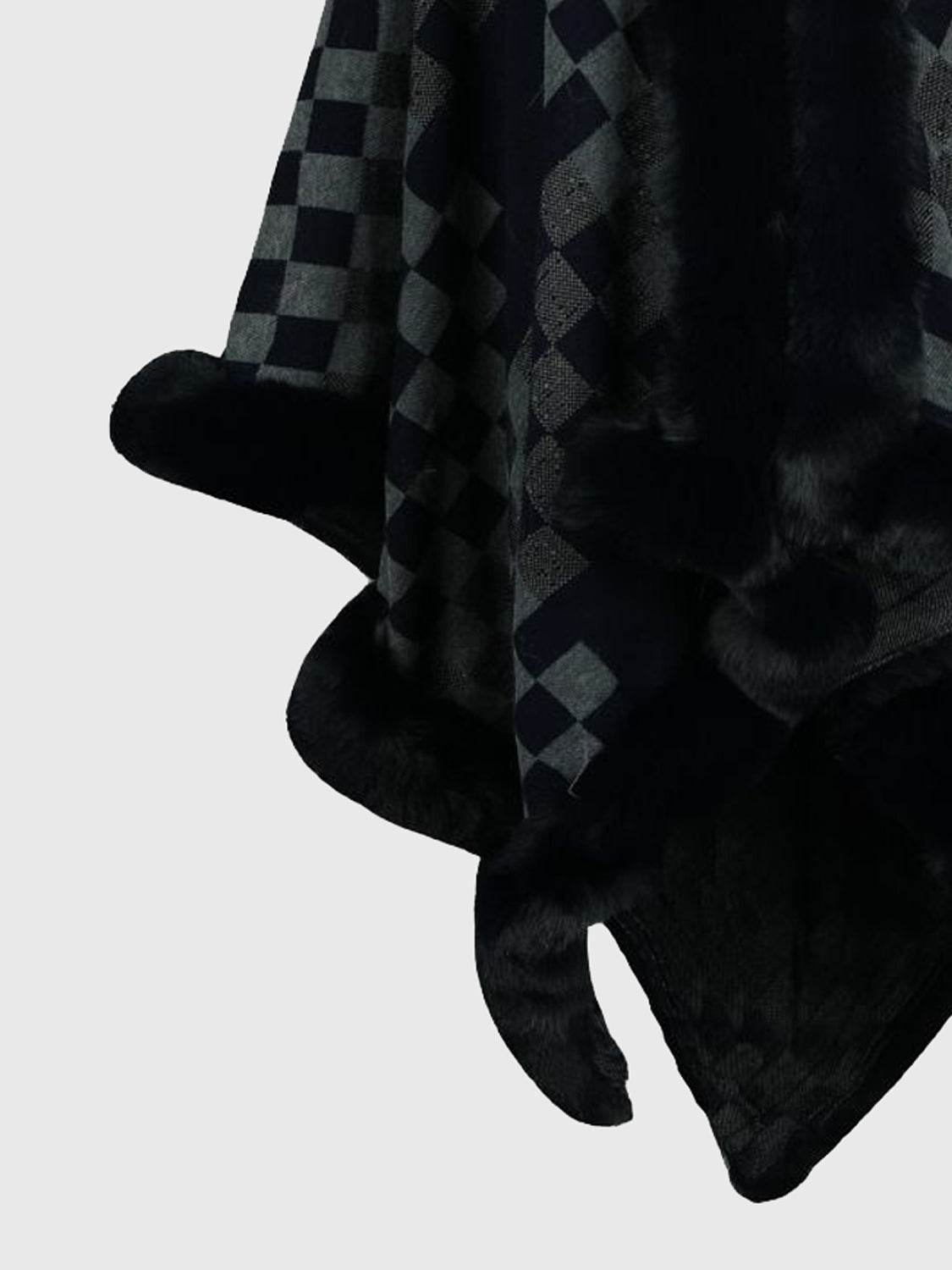 Checkered Faux Fur Trim Poncho - Delanoir