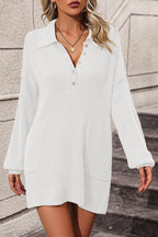 Collared Neck Long Sleeve Sweater Dress with Pockets - Delanoir