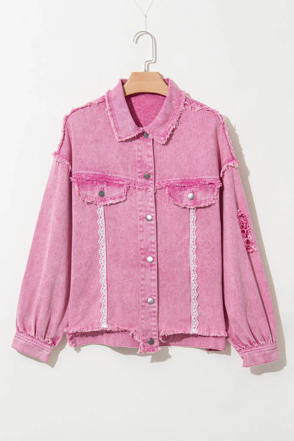 Lace Detail Distressed Raw Hem Long Sleeve Denim Jacket - Delanoir
