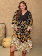 Plus Size Floral V-Neck Balloon Sleeve Midi Dress - Delanoir