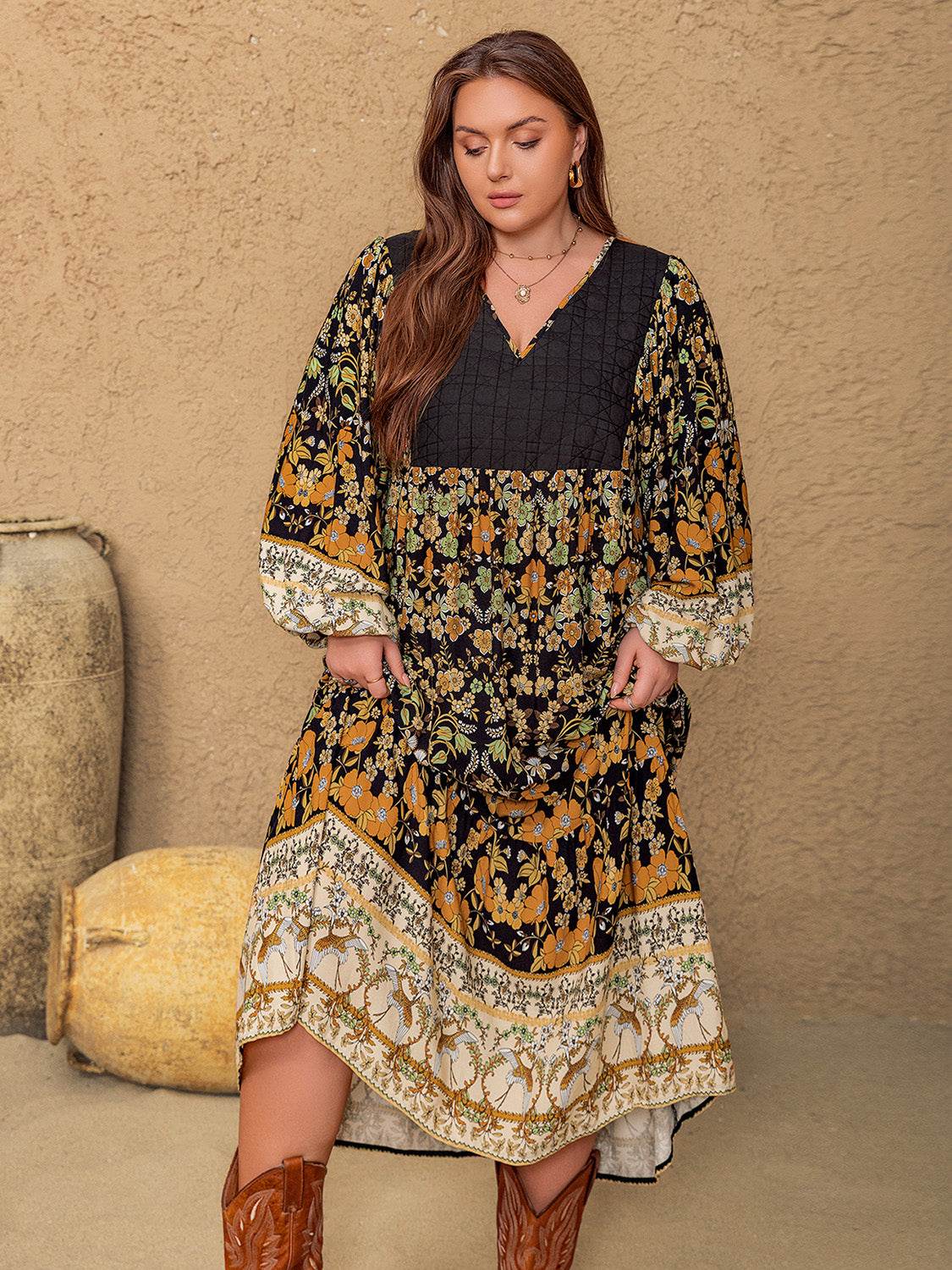 Plus Size Floral V-Neck Balloon Sleeve Midi Dress - Delanoir