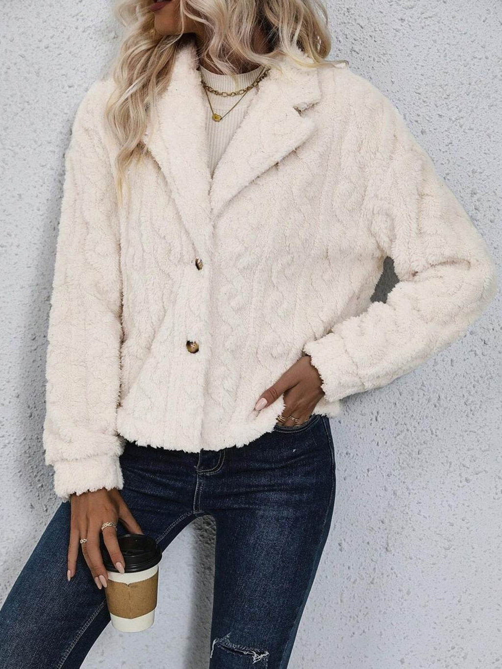 Fuzzy Button Up Collared Neck Jacket - Delanoir