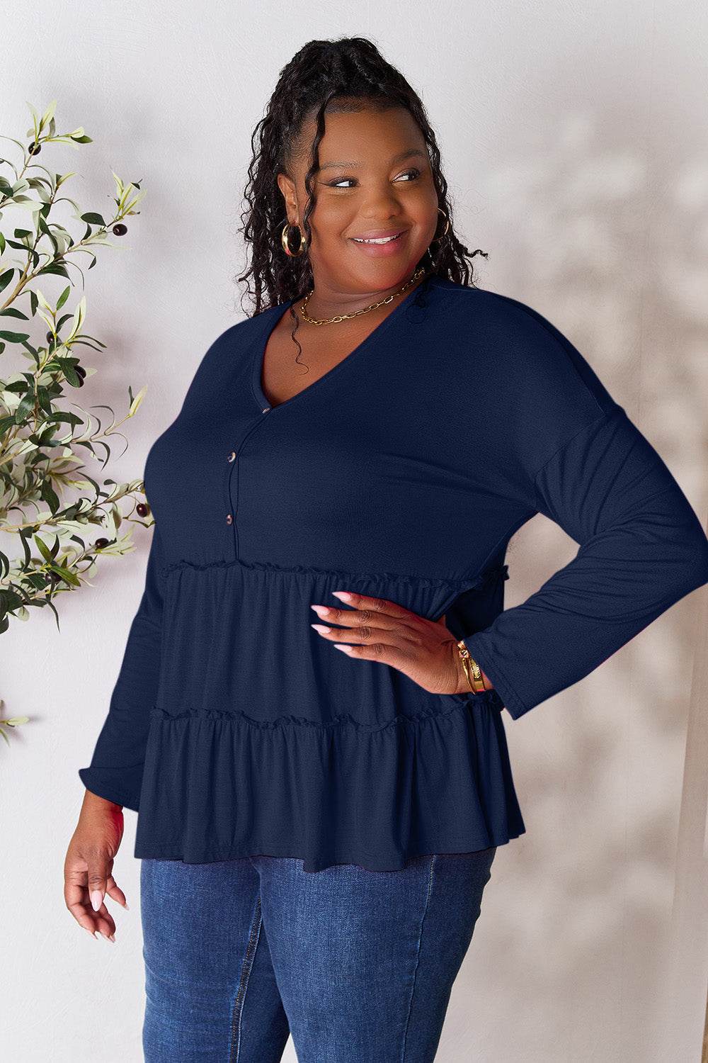 Double Take Half Button Long Sleeve Ruffle Hem Blouse - Delanoir