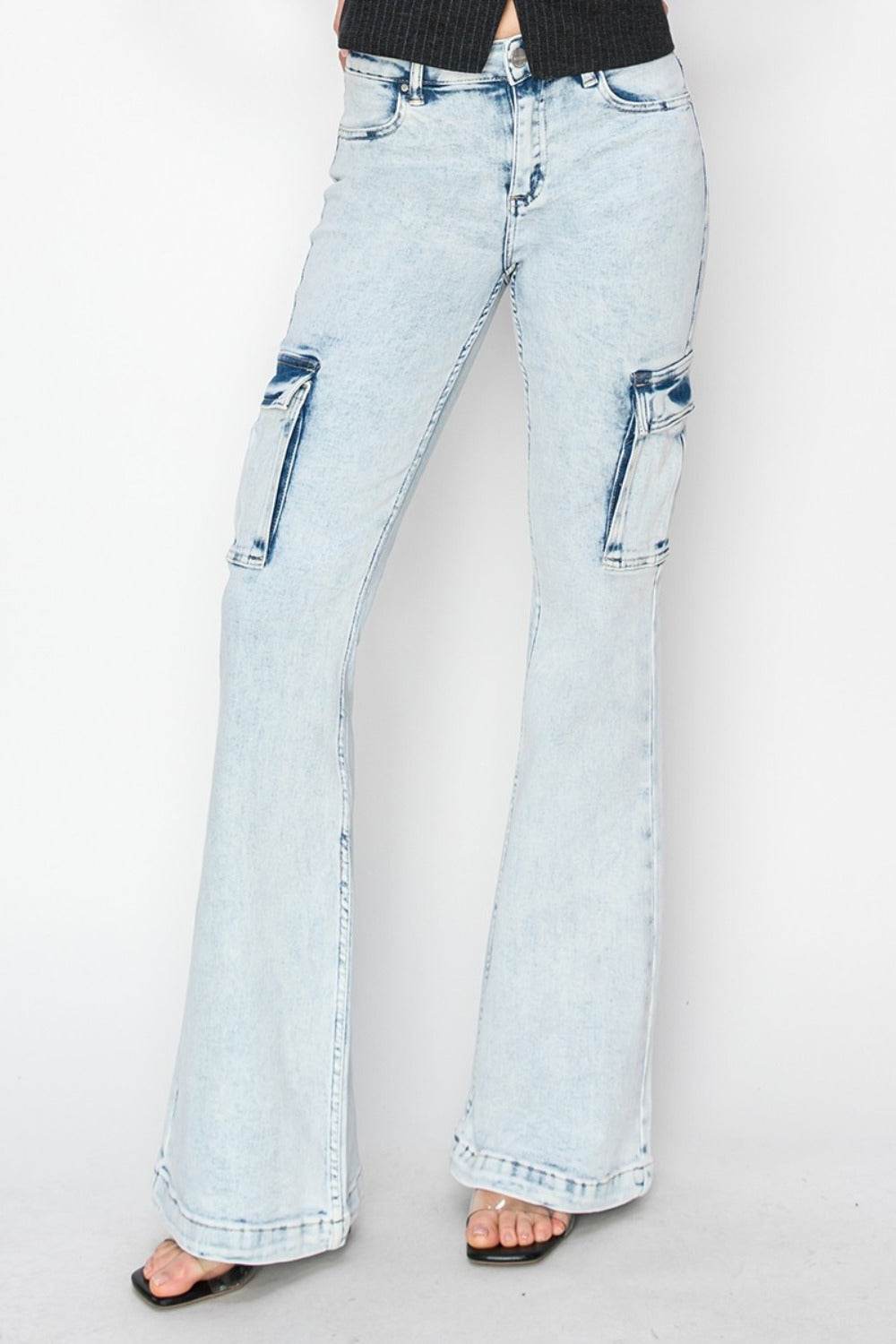RISEN Full Size High Rise Cargo Flare Jeans - Delanoir