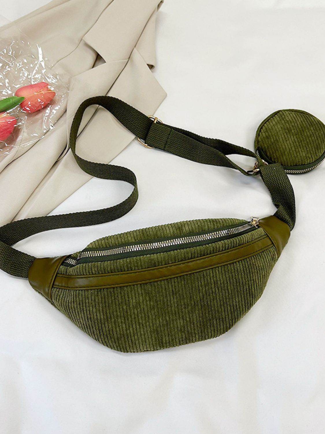 Corduroy Adjustable Strap Crossbody Bag with Pouch - Delanoir