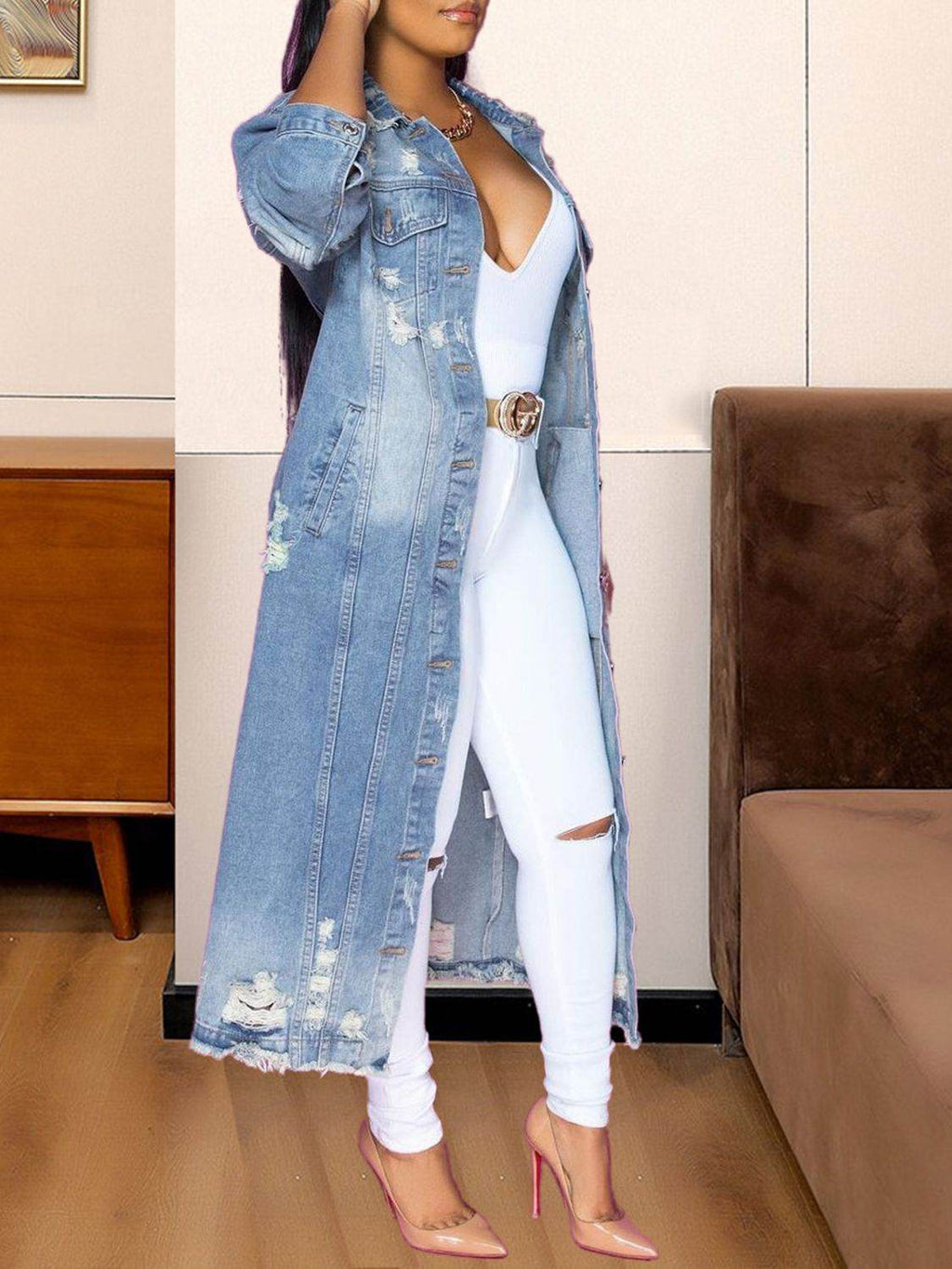 Long Sleeve Raw Hem Denim Jacket - Delanoir