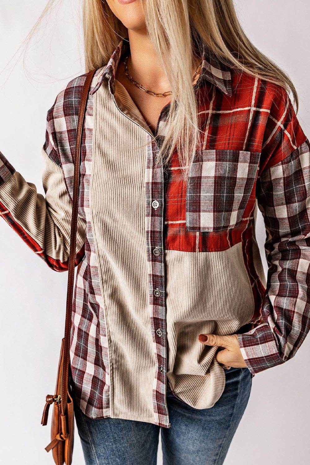 Plaid Patchwork Collared Neck Shacket - Delanoir