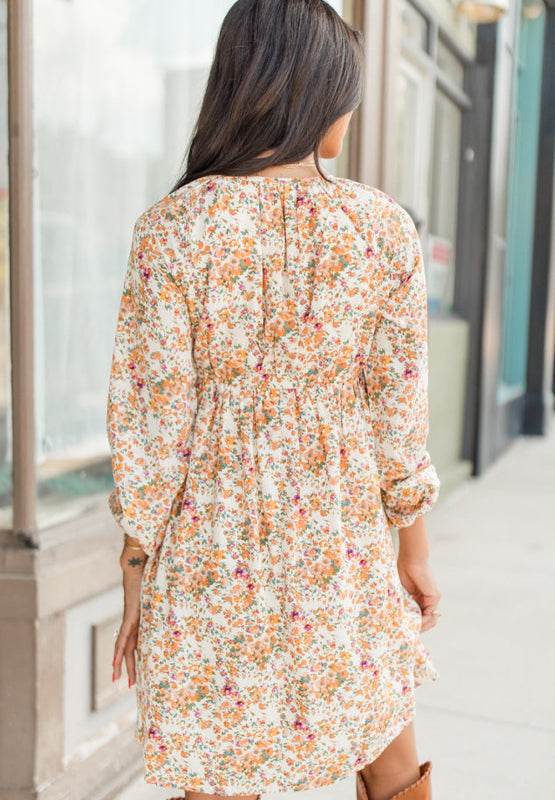 Printed V-Neck Balloon Sleeve Mini Dress - Delanoir