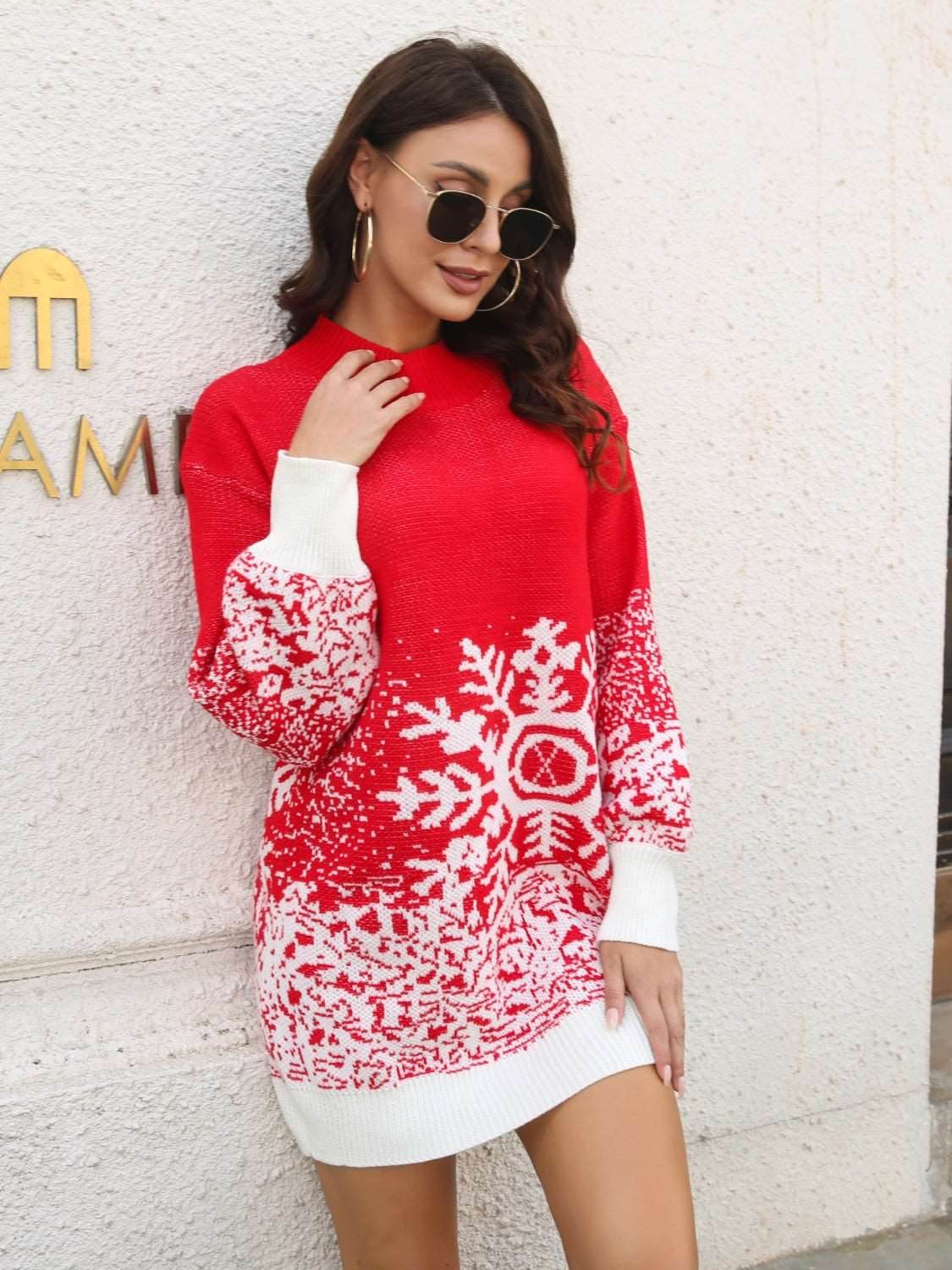 Snowflake Pattern Sweater Dress - Delanoir