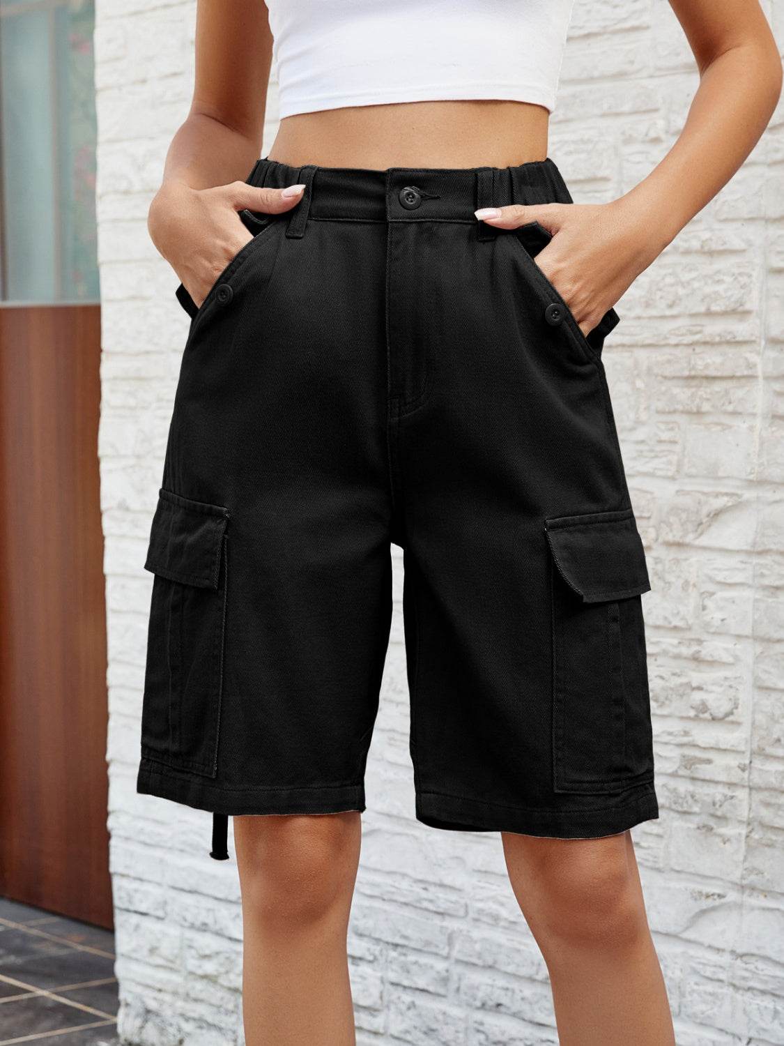 High Waist Denim Shorts with Pockets - Delanoir