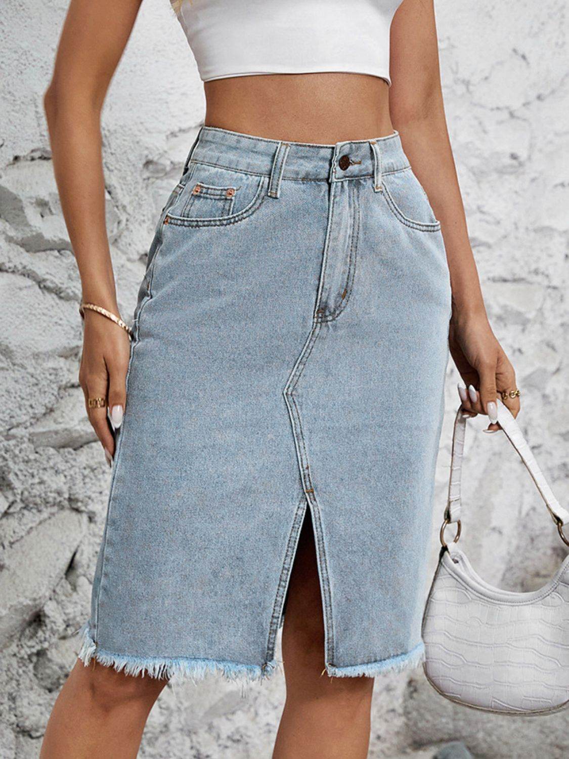 Raw Hem Slit Denim Skirt - Delanoir