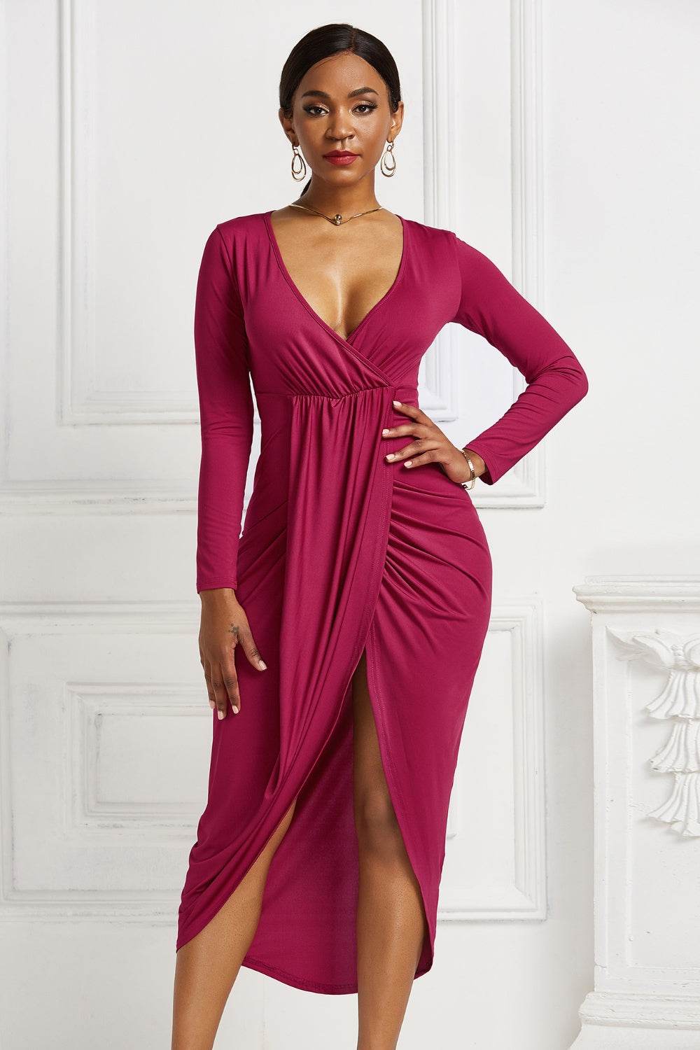 High-low Ruched Surplice Long Sleeve Dress - Delanoir