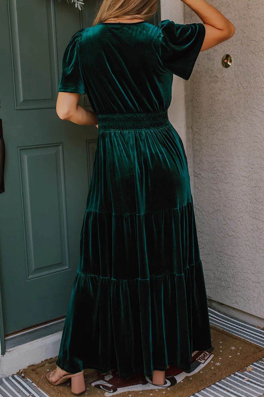 Tiered Notched Short Sleeve Dress with Pockets - Delanoir