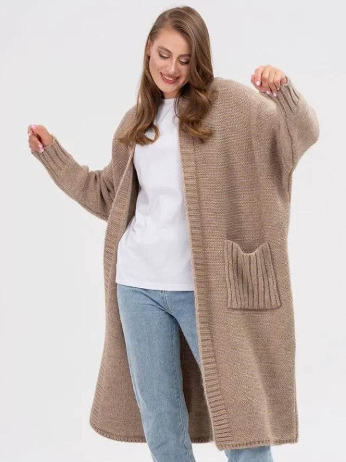 Pocketed Open Front Long Sleeve Longline Cardigan - Delanoir