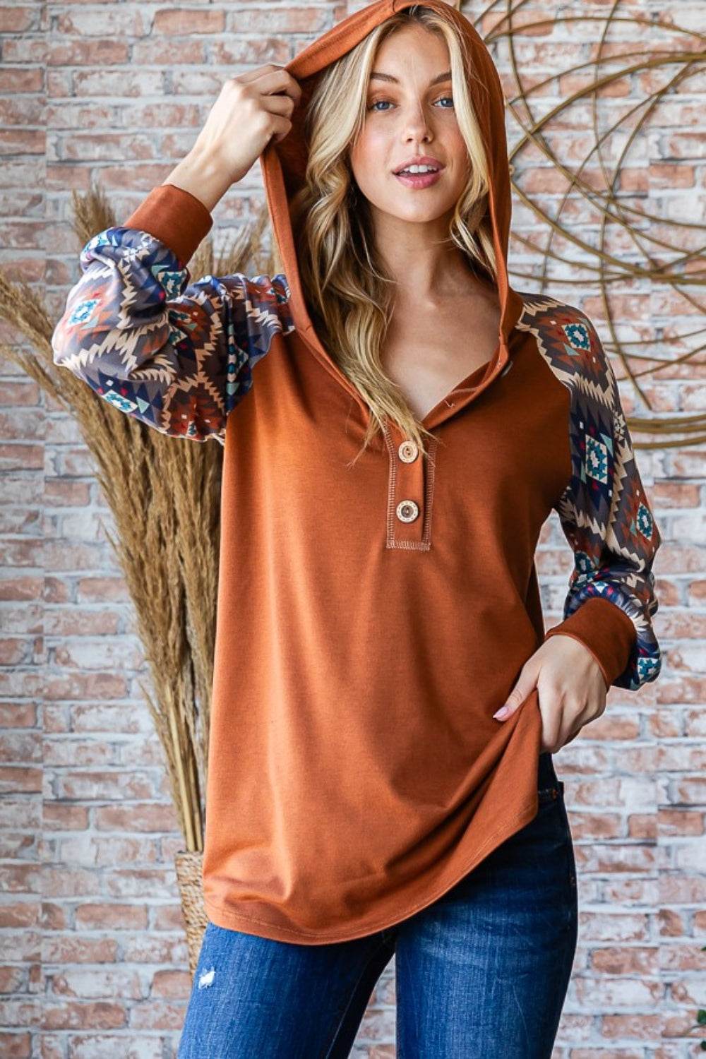 Heimish Full Size Half Button Printed Long Sleeve Hooded Top - Delanoir