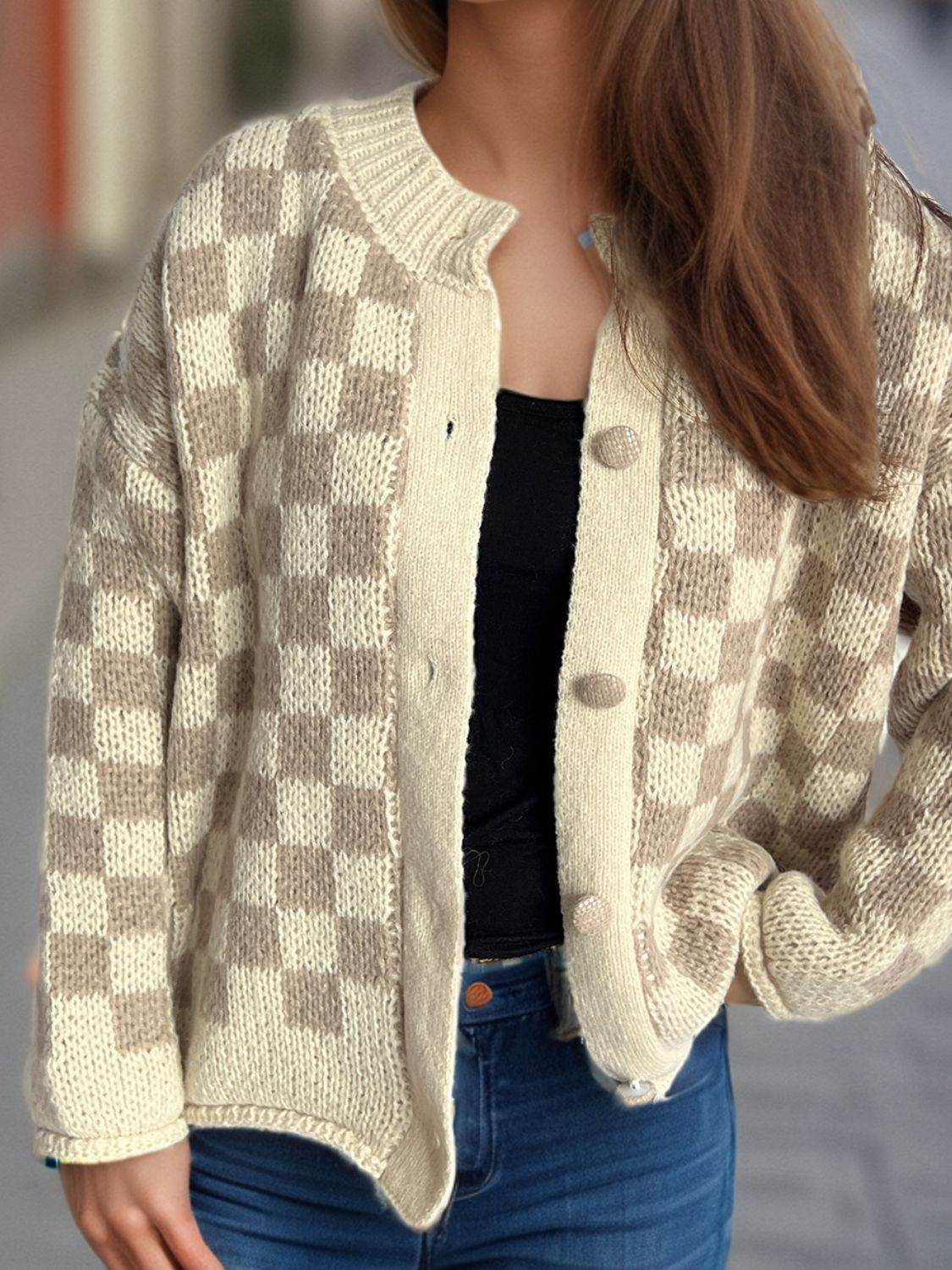 Checkered Button Up Round Neck Cardigan - Delanoir