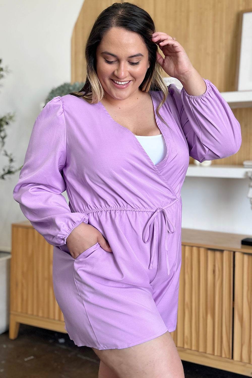 Double Take Full Size Drawstring Long Sleeve Romper - Delanoir