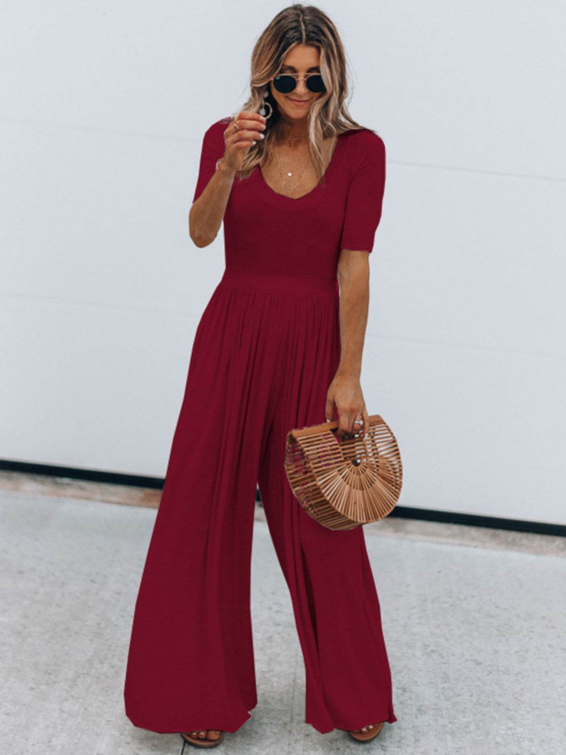 Scoop Neck Short Sleeve Jumpsuit - Delanoir