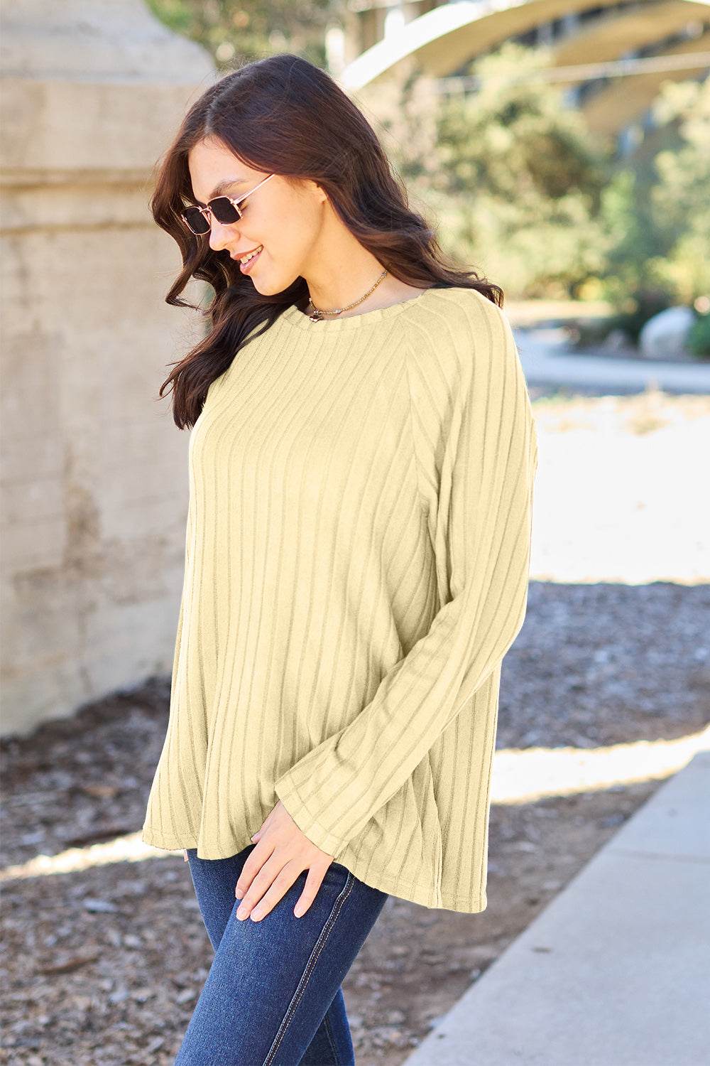 Basic Bae Full Size Ribbed Round Neck Long Sleeve Knit Top - Delanoir